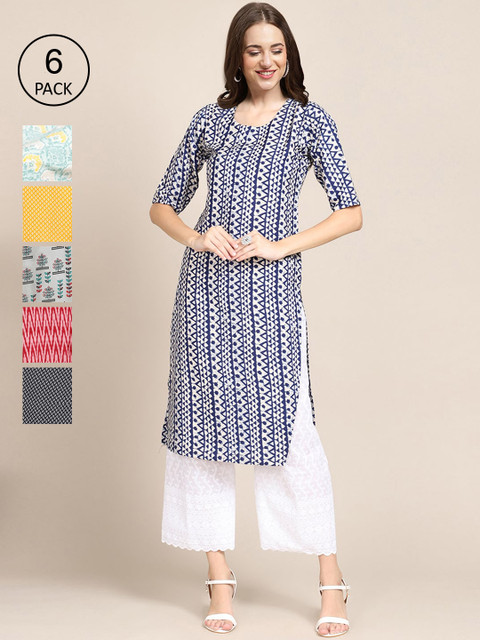 

1 Stop Fashion Women Pack Of 6 Ethnic Motifs Printed Crepe Kurta, Yellow