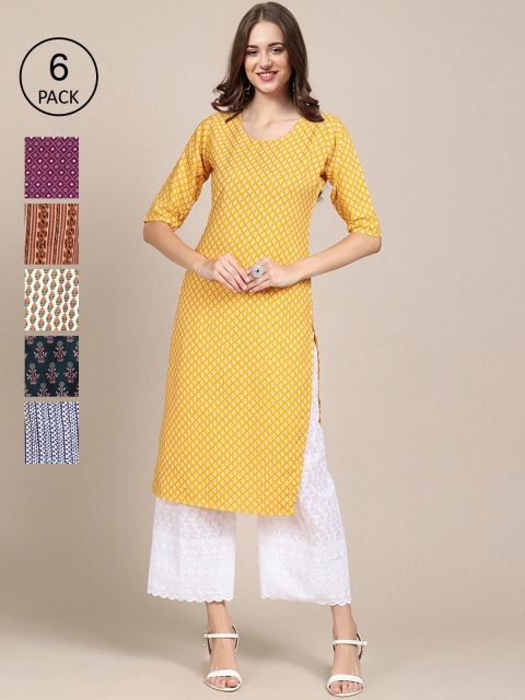 

1 Stop Fashion Women Pack Of 6 Ethnic Motifs Printed Crepe Kurta, Yellow