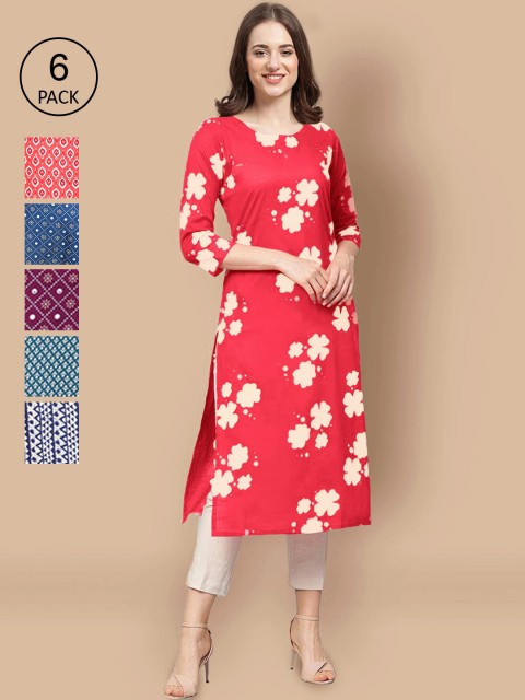 

1 Stop Fashion Women Pack Of 6 Ethnic Motifs Printed Crepe Kurta, Red