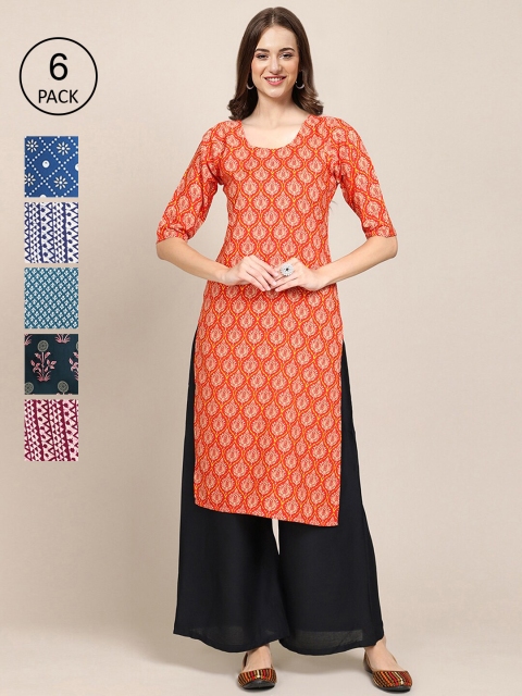 

1 Stop Fashion Women Pack Of 6 Ethnic Motifs Printed Crepe Kurta, Orange