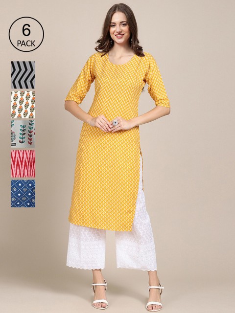 

1 Stop Fashion Women Pack Of 6 Ethnic Motifs Printed Crepe Kurta, Yellow