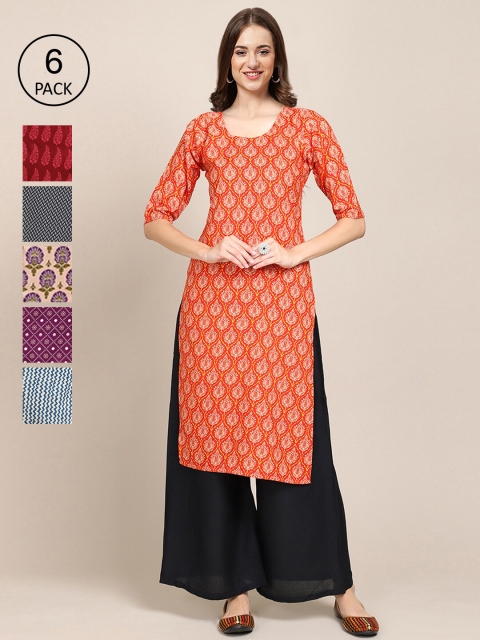 

1 Stop Fashion Women Pack Of 6 Ethnic Motifs Printed Crepe Kurta, Orange