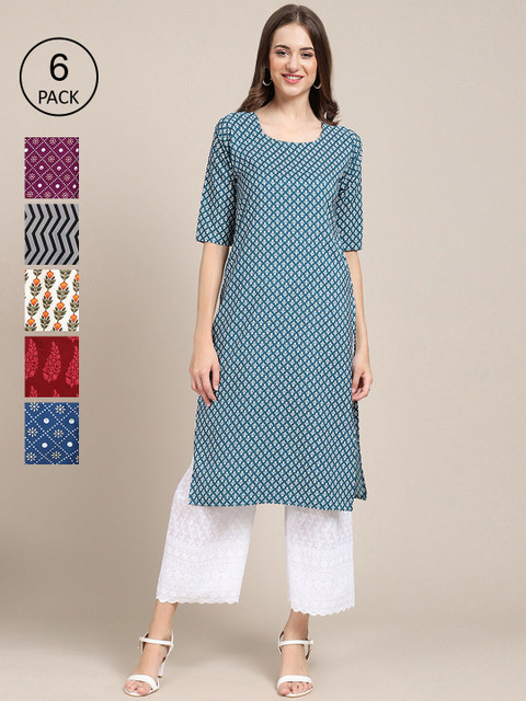 

1 Stop Fashion Women Pack Of 6 Ethnic Motifs Printed Crepe Kurta, Blue