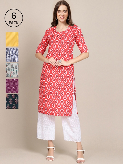 

1 Stop Fashion Women Pack Of 6 Ethnic Motifs Printed Block Print Crepe Kurta, Multi
