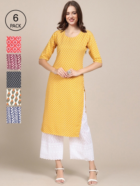 

1 Stop Fashion Women Multicoloured Geometric Printed Keyhole Neck Flared Sleeves Mirror Work Block Print Kurta, Multi