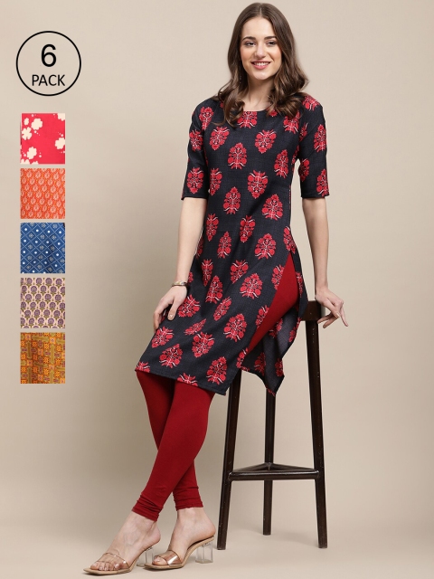 

1 Stop Fashion Women Pack Of 6 Floral Printed Crepe Kurta, Black