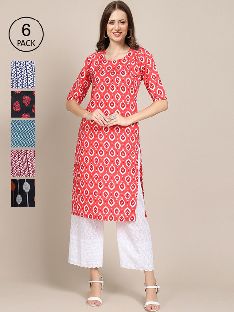 

1 Stop Fashion Women Multicoloured Geometric Printed Thread Work Block Print Crepe Kurta, Multi