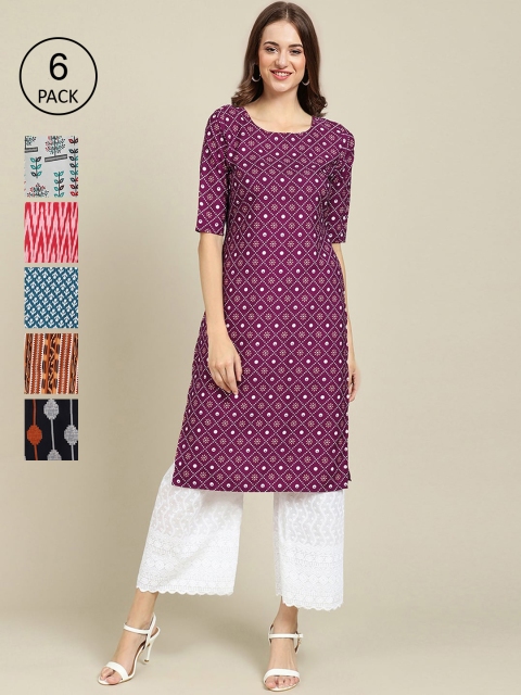 

1 Stop Fashion Women Multicoloured Geometric Striped Flared Sleeves Thread Work Block Print Crepe Kurta, Multi