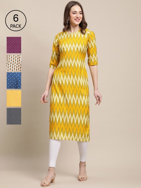 

1 Stop Fashion Women Pack Of 6 Printed Straight Crepe Kurta, Yellow