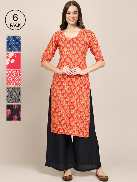

1 Stop Fashion Women Pack Of 6 Ethnic Motifs Printed Crepe Kurta, Orange