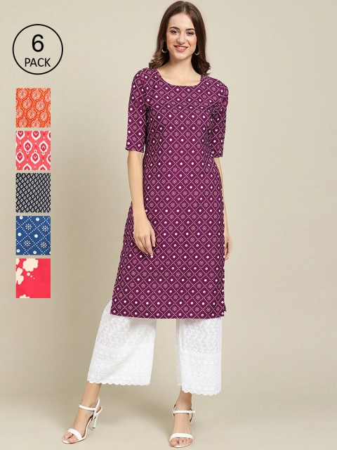 

1 Stop Fashion Women Multicoloured 6 Geometric Printed Crepe Kurta, Multi