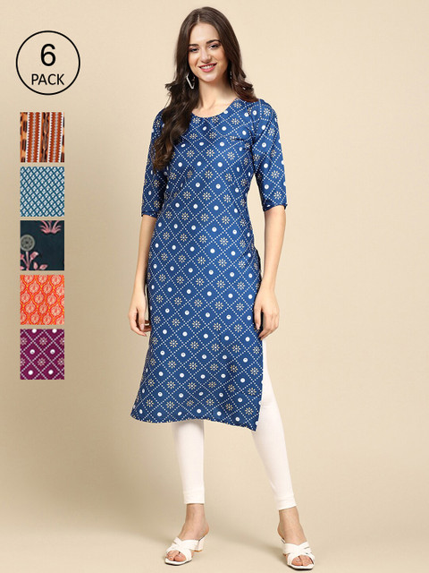 

1 Stop Fashion Women Multicoloured 6 Geometric Printed Crepe Kurta, Multi