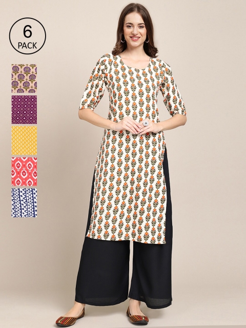 

1 Stop Fashion Women Pack Of 6 Ethnic Motifs Printed Block Print Crepe Kurta, Multi