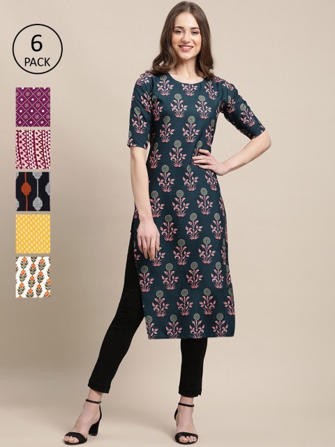 

1 Stop Fashion Women Green & Purple Ethnic Motifs Printed Block Print Crepe Kurta