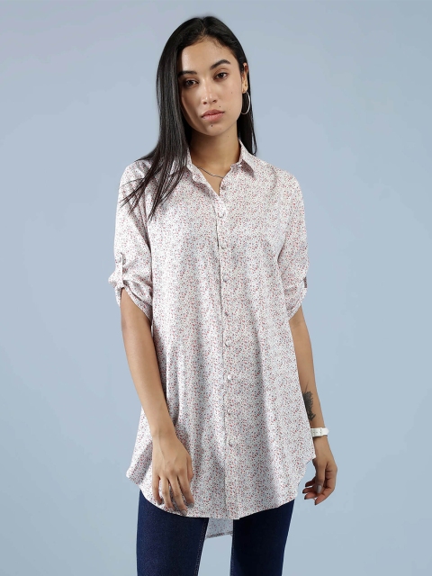 

IDK Women White Floral Printed High Low Casual Shirt