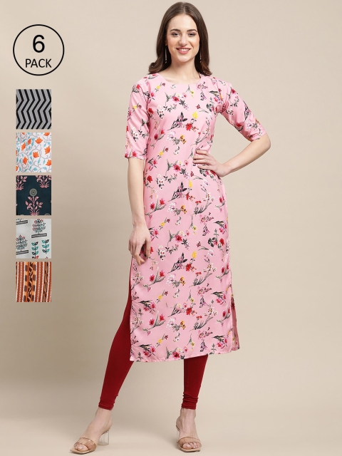

1 Stop Fashion Women Pack of 6 Printed Straight Crepe Kurta, Navy blue