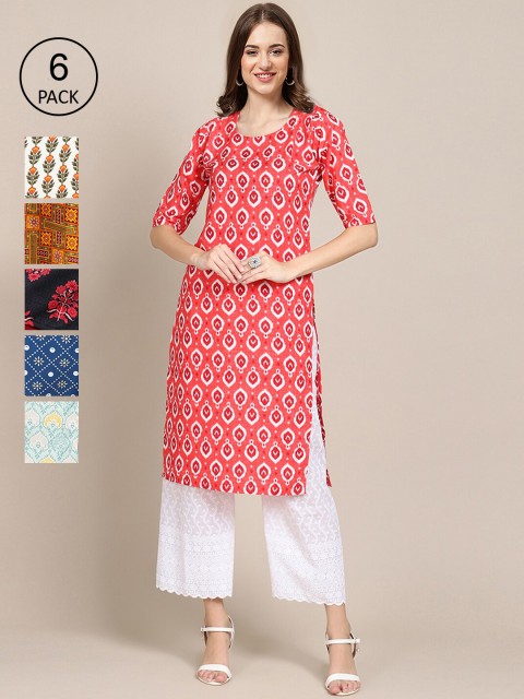 

1 Stop Fashion Set Of 6 Women Peach-Coloured & Blue Ethnic Motifs Printed Crepe Kurta