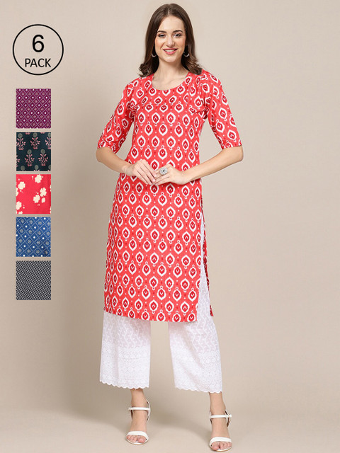

1 Stop Fashion Women Pack of 6 Red & Blue Floral Printed Crepe Kurta