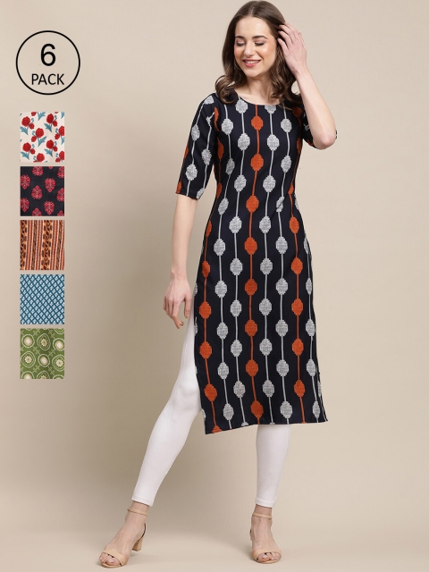 

1 Stop Fashion Women Pack Of 6 Black & Green Ethnic Motifs Printed Crepe Kurta