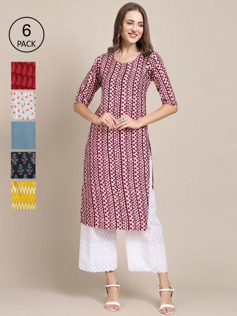 

1 Stop Fashion Set Of 6 Women Red & Blue Ethnic Motifs Printed Crepe Kurta