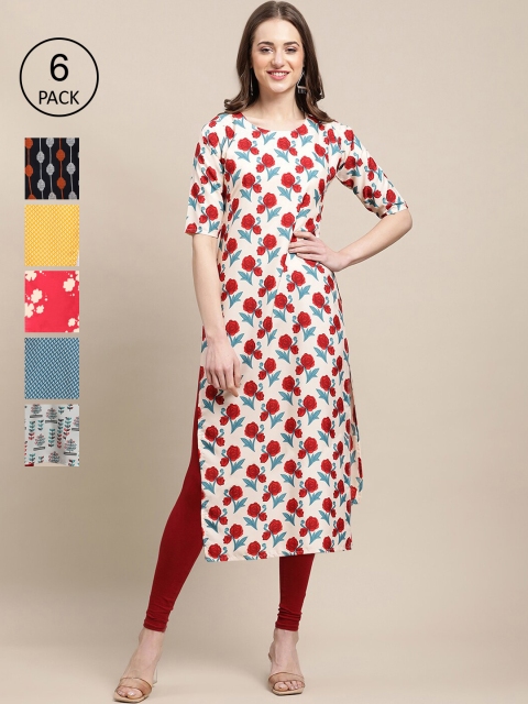 

1 Stop Fashion Women Pack Of 6 Floral Printed Crepe Kurtas, Cream