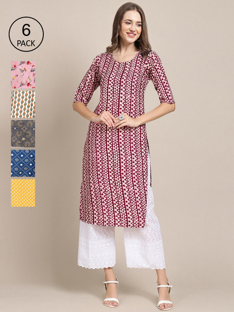 

1 Stop Fashion Women Pack of 6 Digital Printed Crepe Straight Kurtas, Red