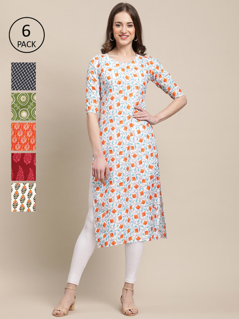 

1 Stop Fashion Women Pack of 6 Digital Printed Crepe Straight Kurtas, Black