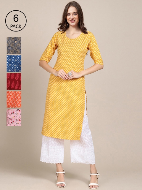

1 Stop Fashion Women Pack of 6 Digital Printed Crepe Straight Kurtas, Yellow