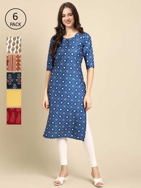 

1 Stop Fashion Women Pack of 6 Digital Printed Crepe Straight Kurtas, Blue