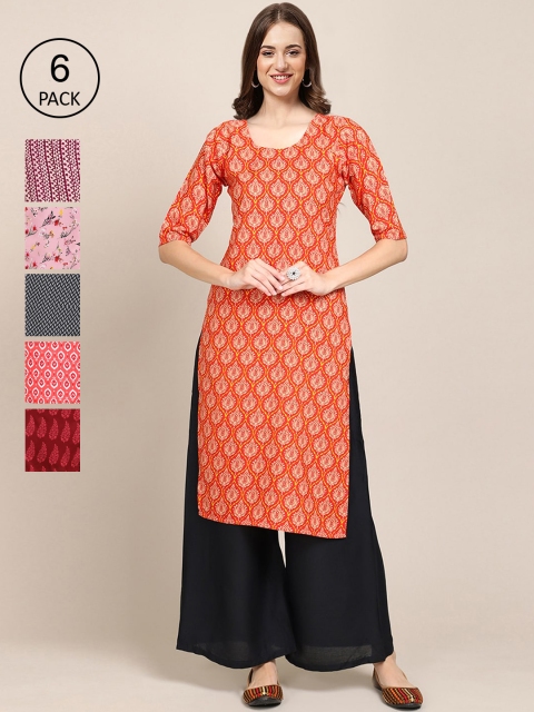 

1 Stop Fashion Women Pack of 6 Digital Printed Crepe Straight Kurtas, Red