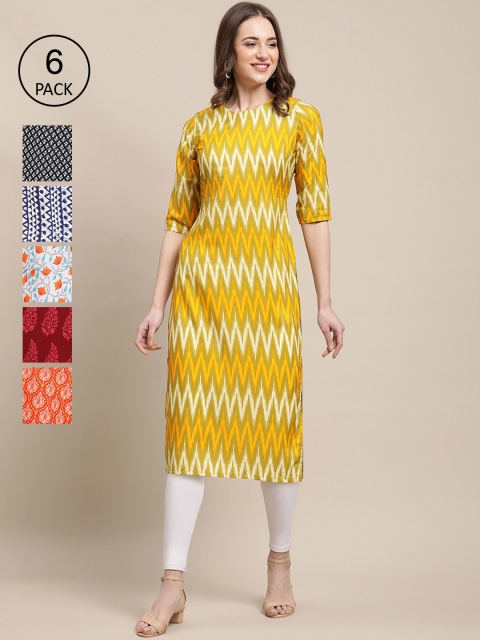 

1 Stop Fashion Women Pack of 6 Digital Printed Crepe Straight Kurtas, Yellow
