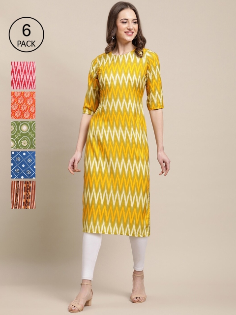 

1 Stop Fashion Women Pack of 6 Digital Printed Crepe Straight Kurtas, Yellow