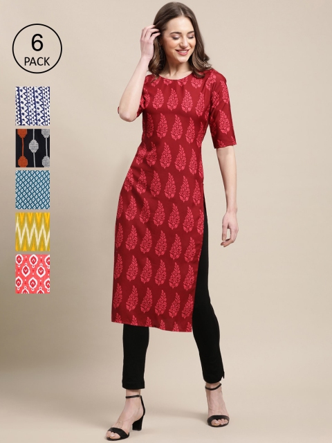 

1 Stop Fashion Women Pack of 6 Digital Printed Crepe Straight Kurtas, Red