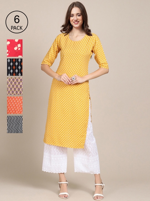 

1 Stop Fashion Women Pack of 6 Yellow & Red Ethnic Motifs Printed Crepe Kurta