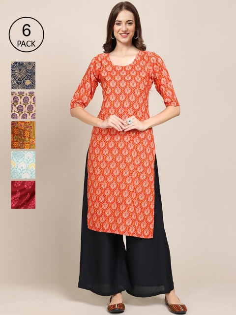 

1 Stop Fashion Women Pack of 6 Digital Printed Crepe Straight Kurtas, Red