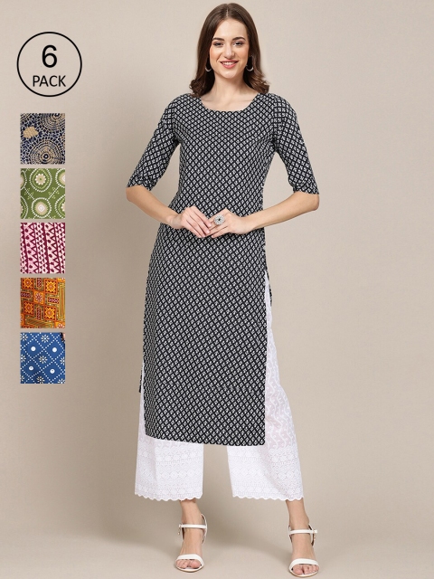 

1 Stop Fashion Women Pack of 6 Digital Printed Crepe Straight Kurtas, Black