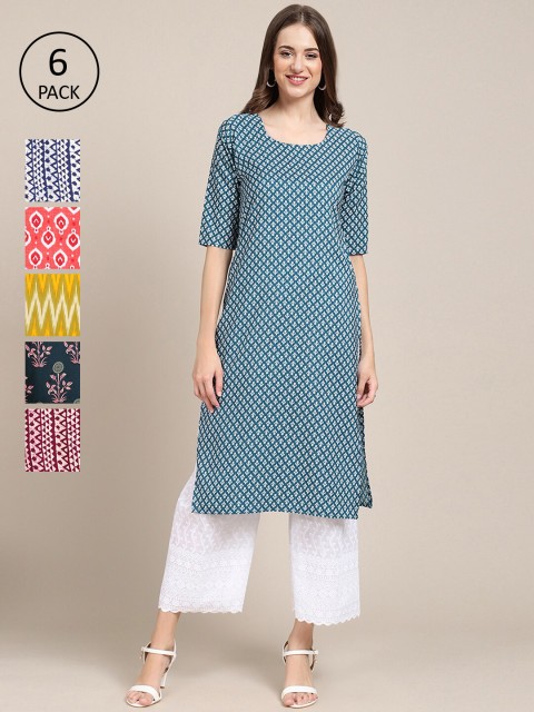 

1 Stop Fashion Women Pack of 6 Digital Printed Crepe Straight Kurtas, Blue