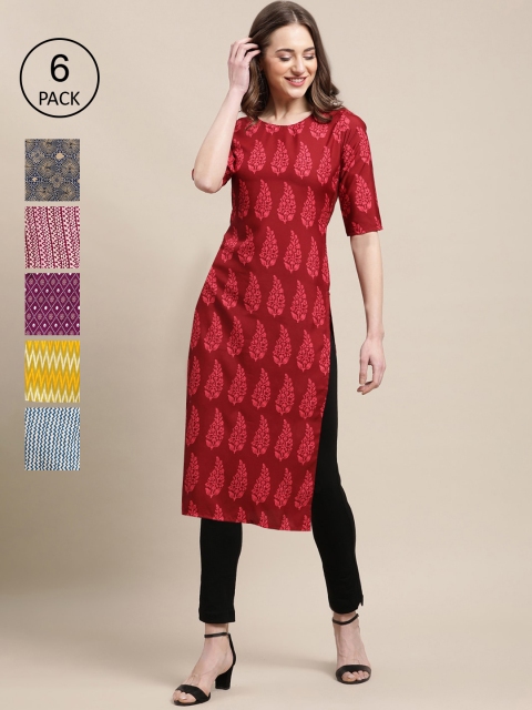 

1 Stop Fashion Women Pack of 6 Digital Printed Crepe Straight Kurtas, Red