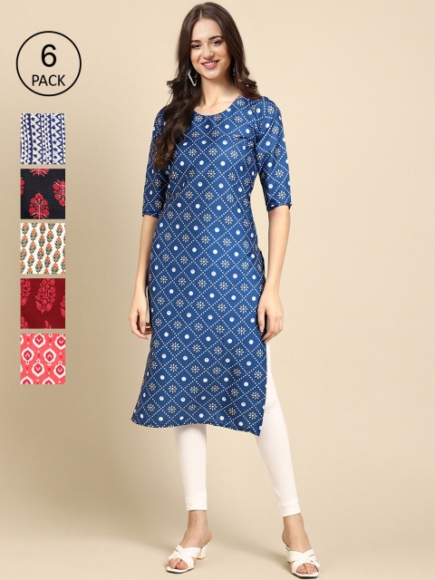 

1 Stop Fashion Women PACK OF 6 Ethnic Motifs Printed Crepe Kurta, Blue