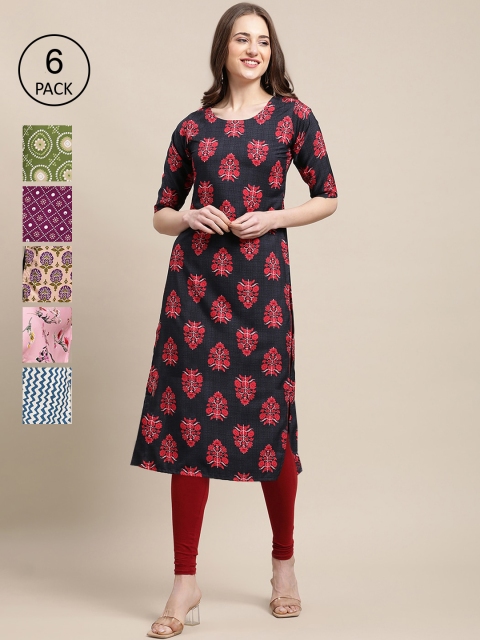 

1 Stop Fashion Women Pack of 6 Digital Printed Crepe Straight Kurtas, Green