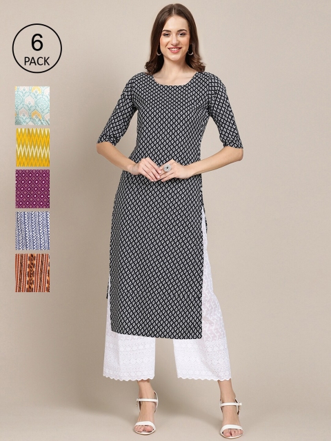 

1 Stop Fashion Women Pack of 6 Digital Printed Crepe Straight Kurtas, Black