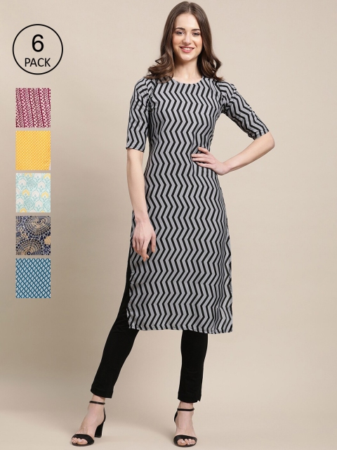

1 Stop Fashion Women Pack of 6 Digital Printed Crepe Straight Kurtas, Black