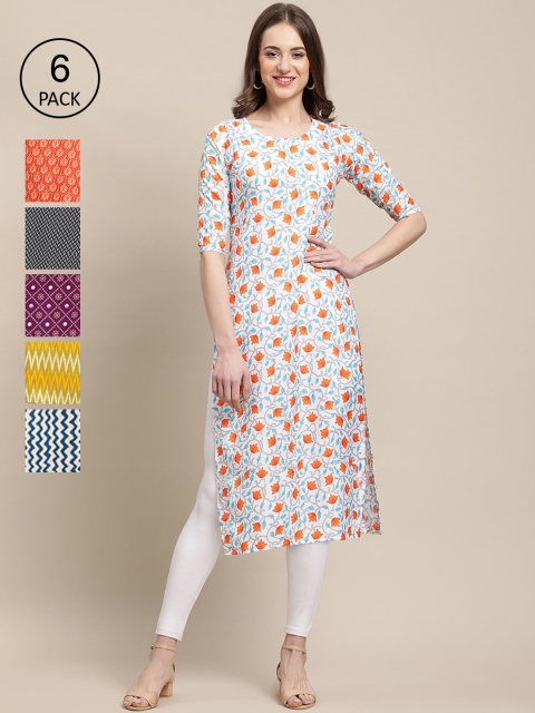 

1 Stop Fashion Women Pack of 6 Digital Printed Crepe Straight Kurtas, Red