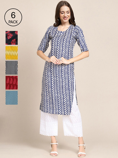 

1 Stop Fashion Women Pack of 6 Digital Printed Crepe Straight Kurtas, Blue