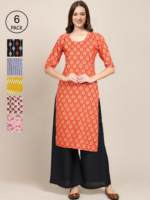 

1 Stop Fashion Women Pack of 6 Digital Printed Crepe Straight Kurtas, Orange