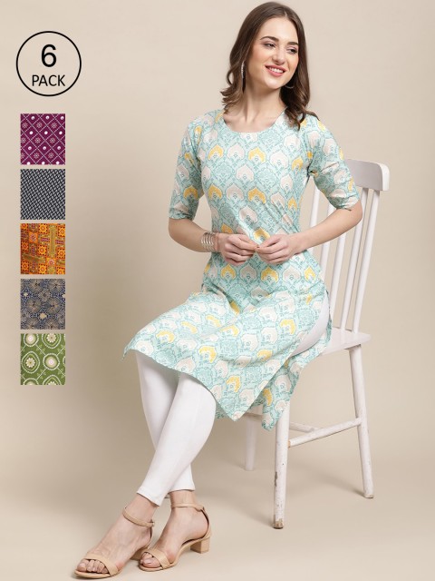 

1 Stop Fashion Women Pack of 6 Digital Printed Crepe Straight Kurtas, Black