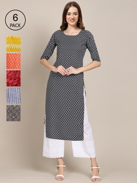 

1 Stop Fashion Women Pack of 6 Digital Printed Crepe Straight Kurtas, Black