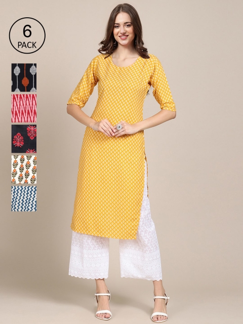

1 Stop Fashion Women Pack of 6 Digital Printed Crepe Straight Kurtas, Yellow