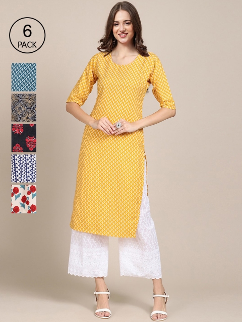 

1 Stop Fashion Women Pack of 6 Digital Printed Crepe Straight Kurtas, Yellow