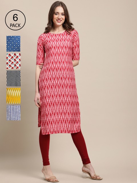 

1 Stop Fashion Women Pack of 6 Digital Printed Crepe Straight Kurtas, Red